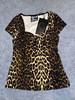 Killstar Leopard Print Short Sleeve Top - Gold & Black